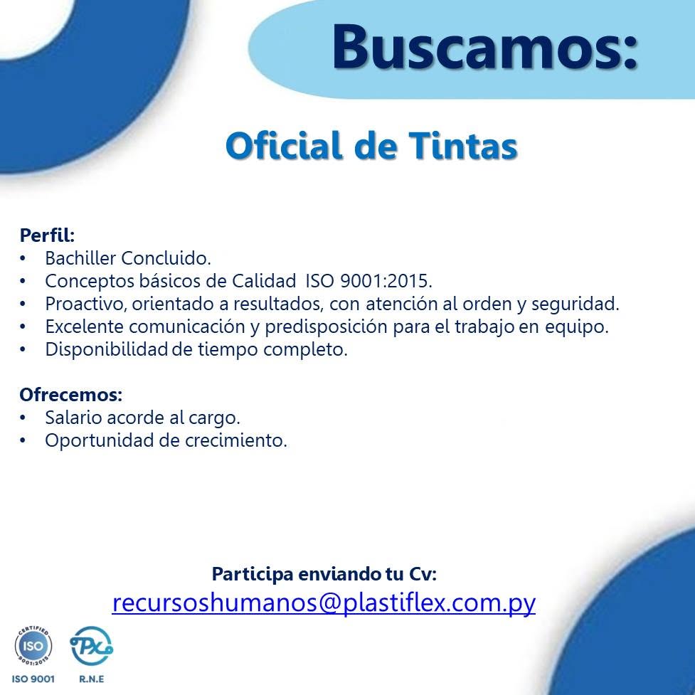 Oferta laboral: Oficial De Tintas — Plastiflex