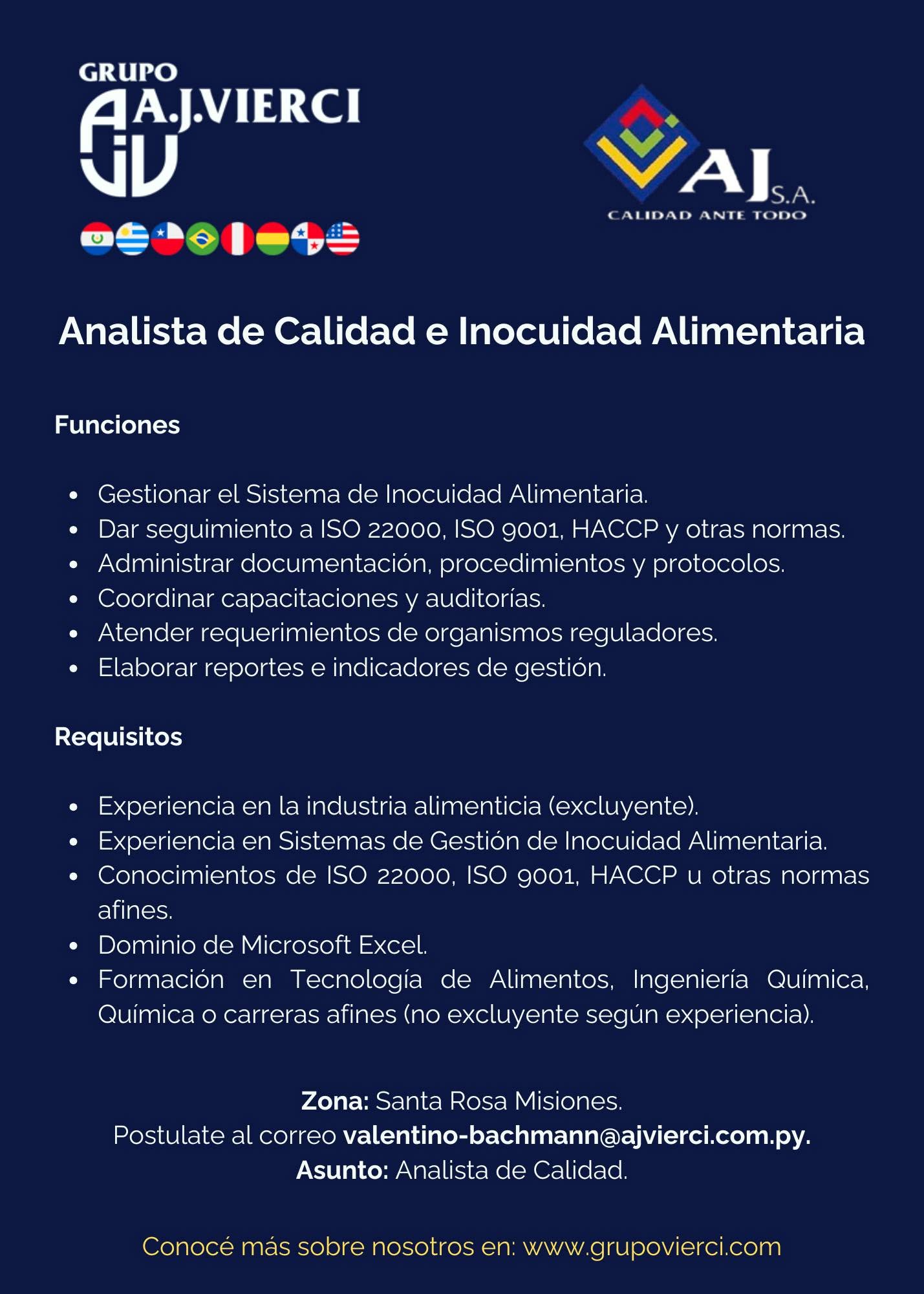 Oferta laboral: Analista De Calidad — Grupo Vierci