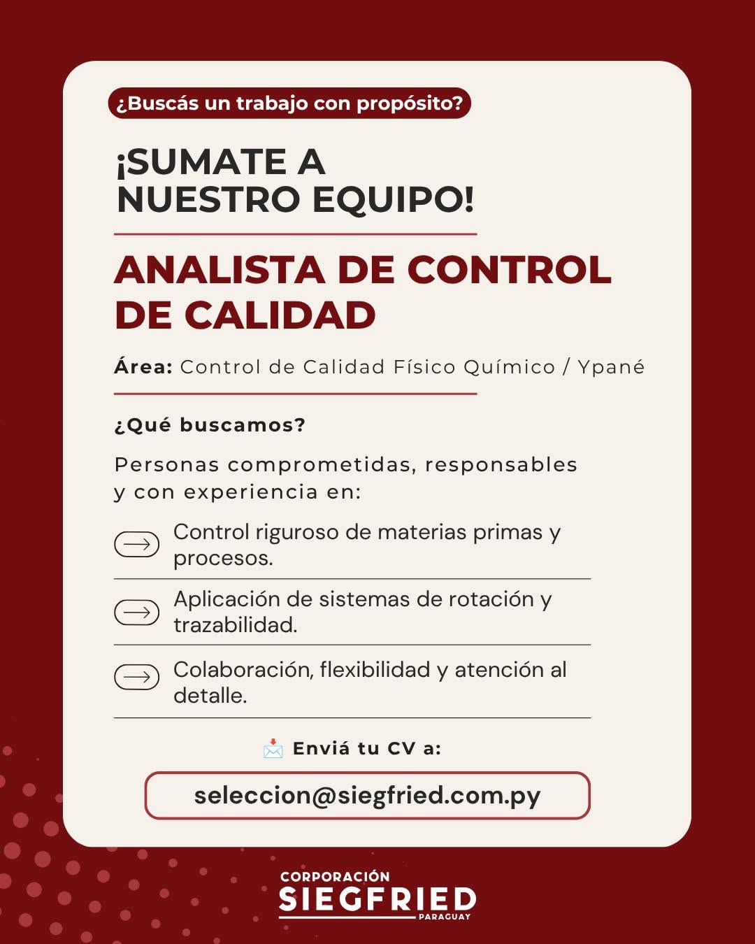 Oferta laboral: Analista De Control De Calidad — Siegfried