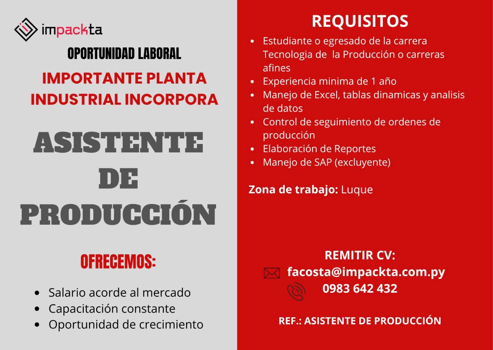 Oferta laboral: Asistente De Producción — Impackta