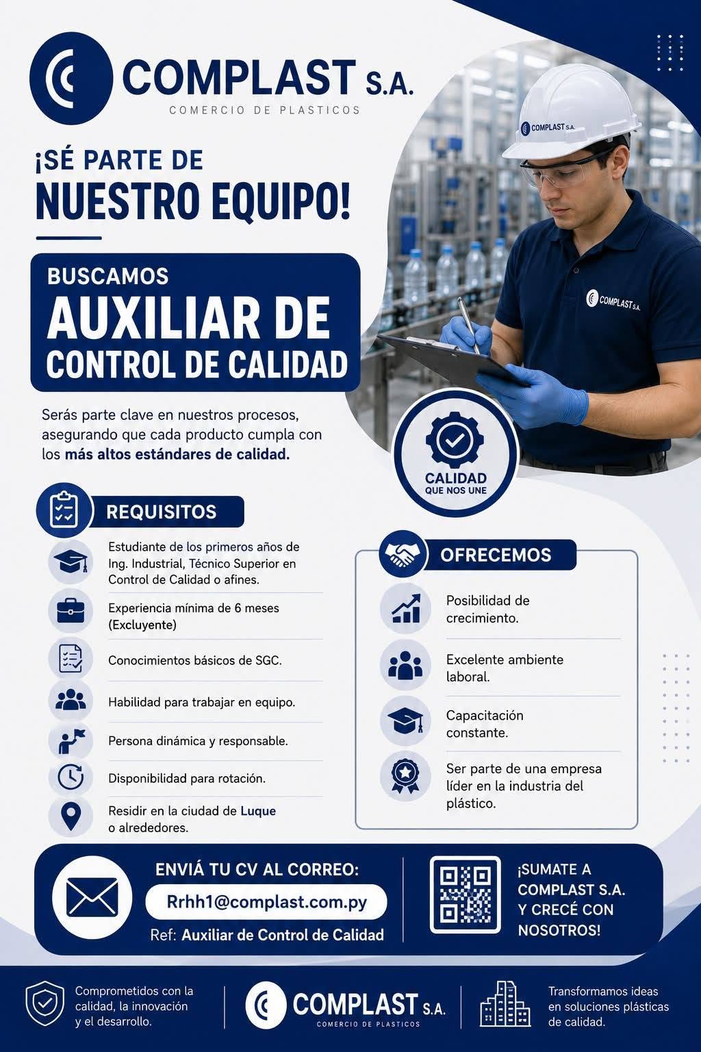 Oferta laboral: Auxiliar De Control De Calidad — Complast S.A.
