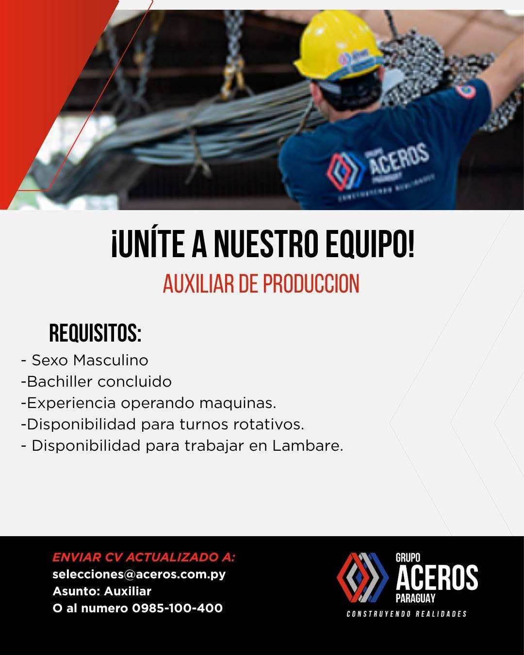 Oferta laboral: Auxiliar De Producción — Aceros