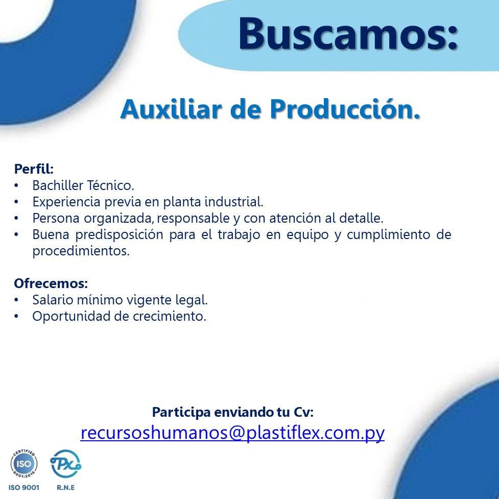 Oferta laboral: Auxiliar De Producción — Plastiflex