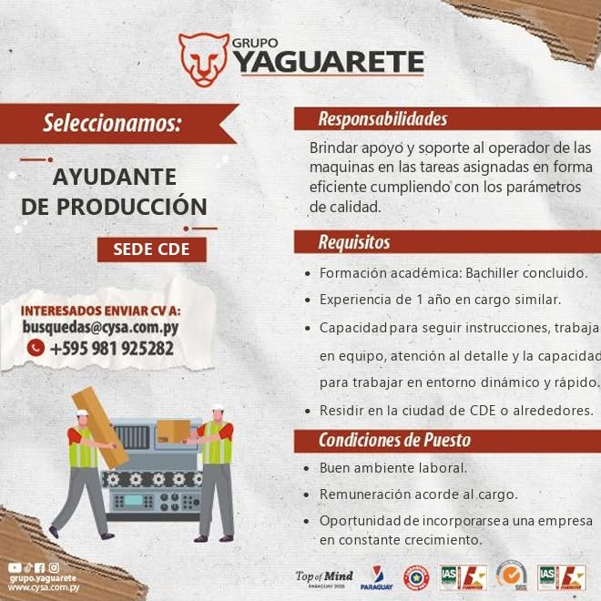 Oferta laboral: Ayudante De Producción — Grupo Yaguarete