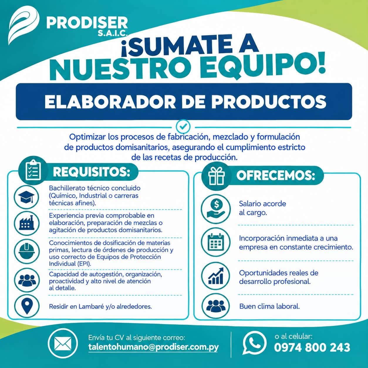 Oferta laboral: Elaborador De Productos — Prodiser