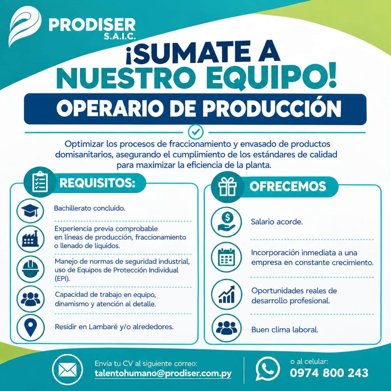 Oferta laboral: Operación De Producción — Prodiser