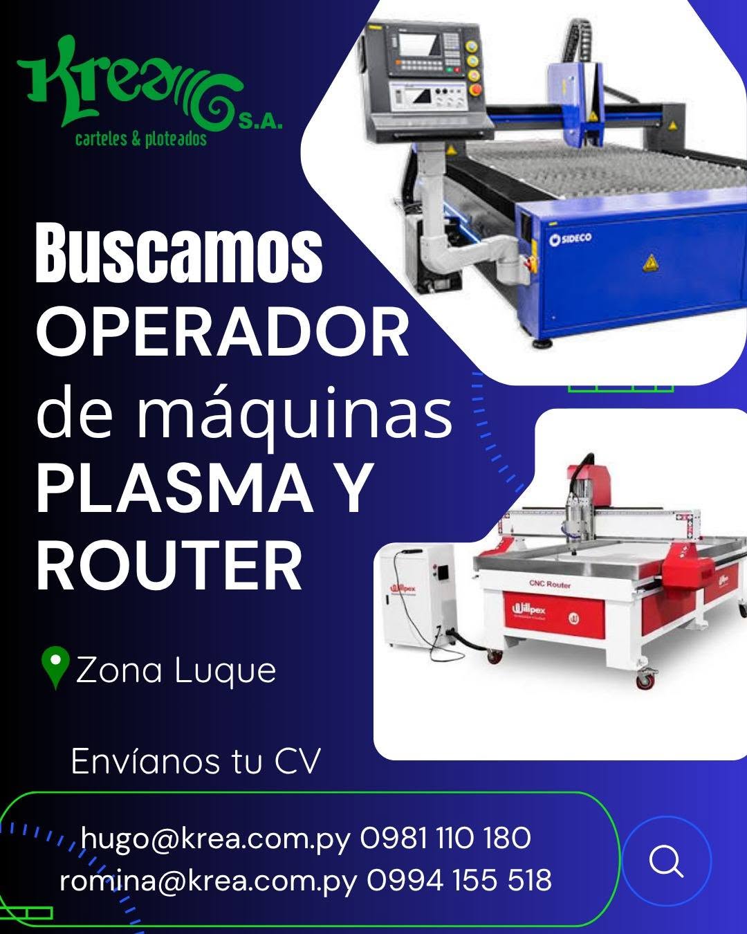 Oferta laboral: Operador De Máquinas Plasma Y Router — Krea