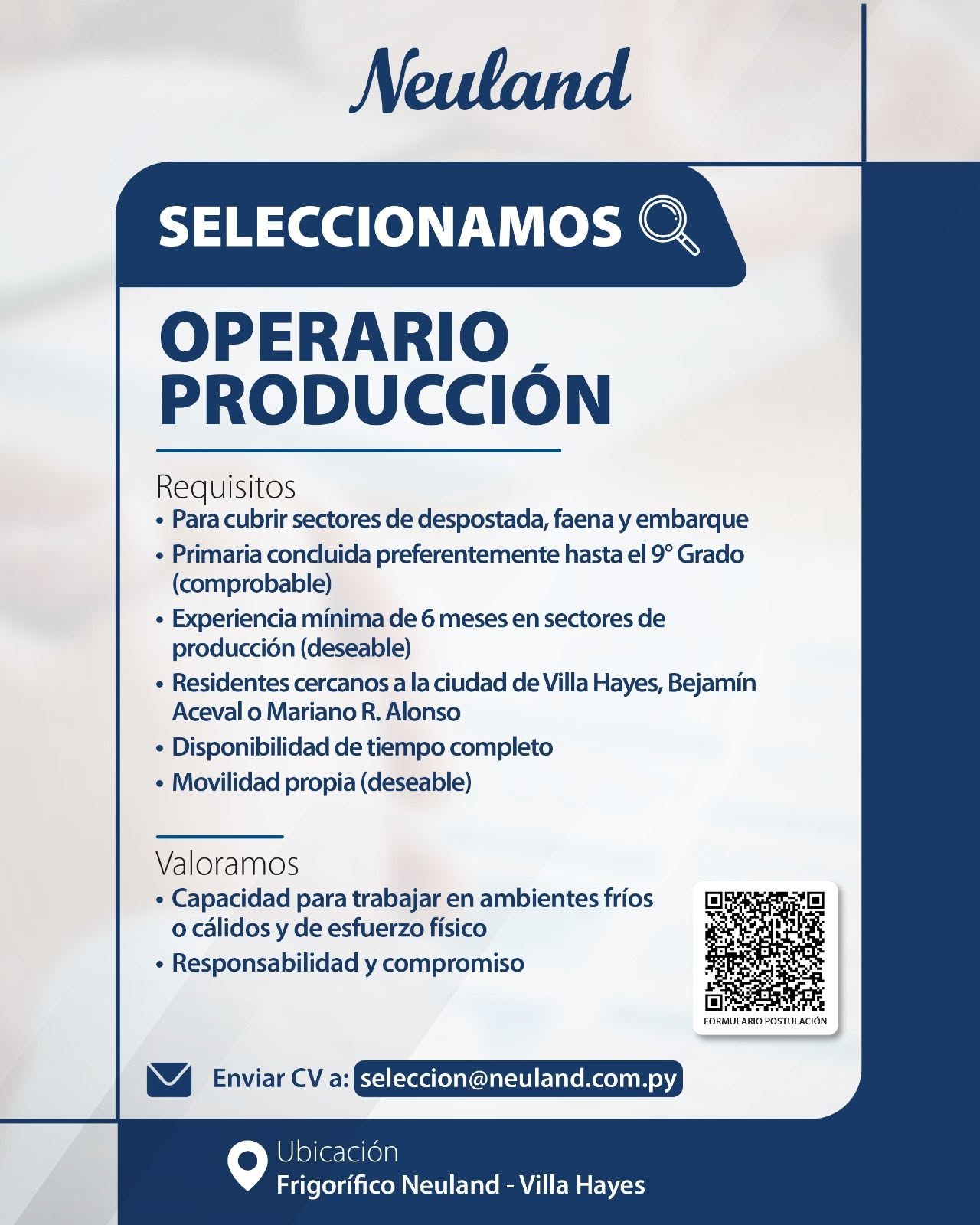 Oferta laboral: Operario Producción — Neuland