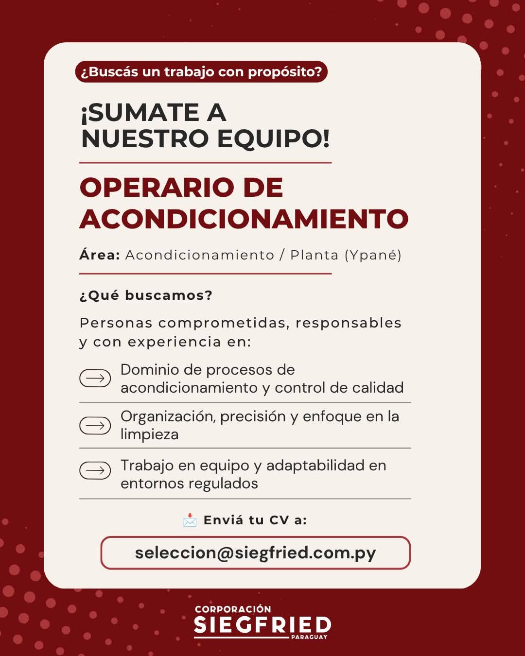 Oferta laboral: Operario De Acondicionamiento — Siegfried