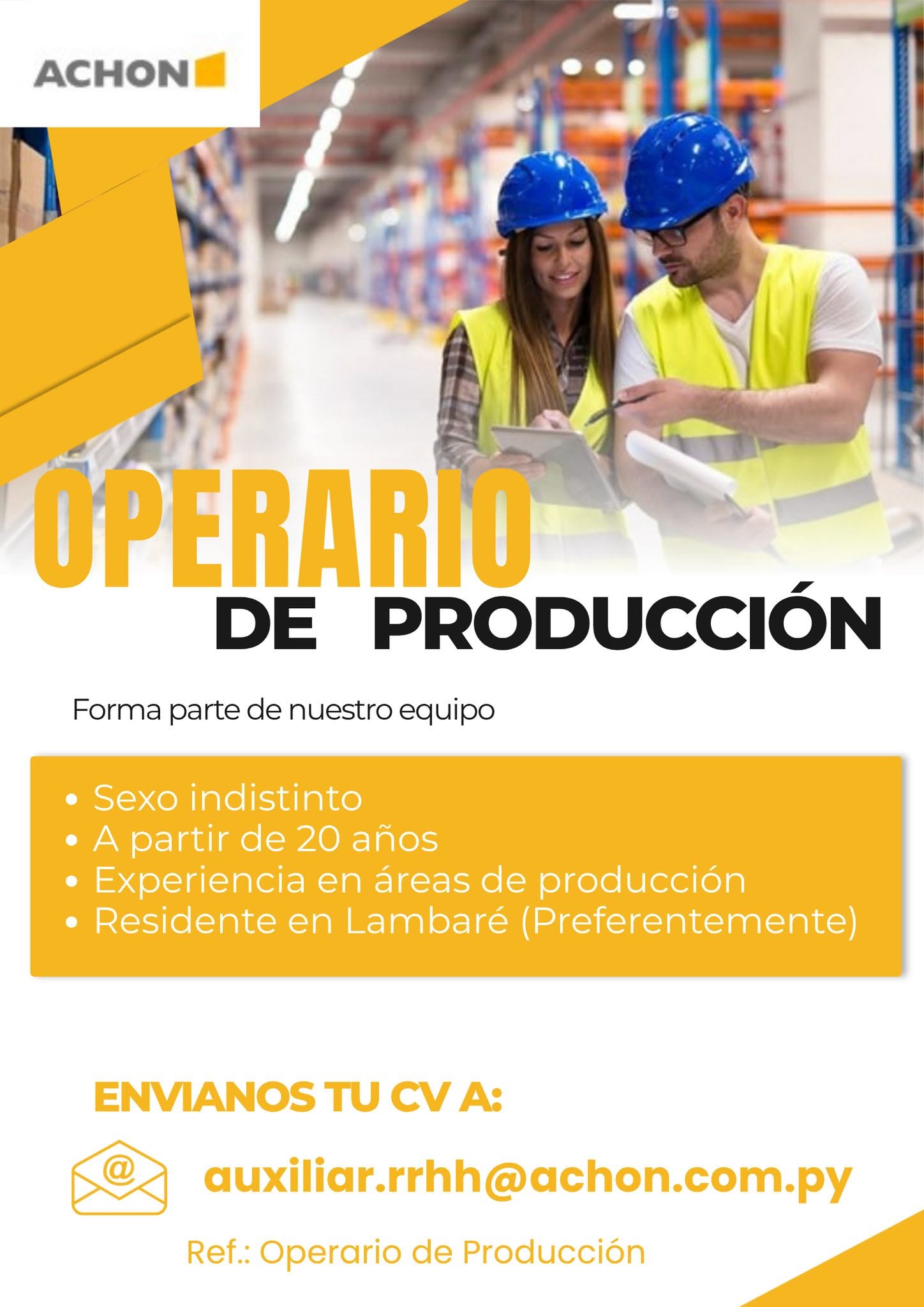 Oferta laboral: Operario De Producción — Achon