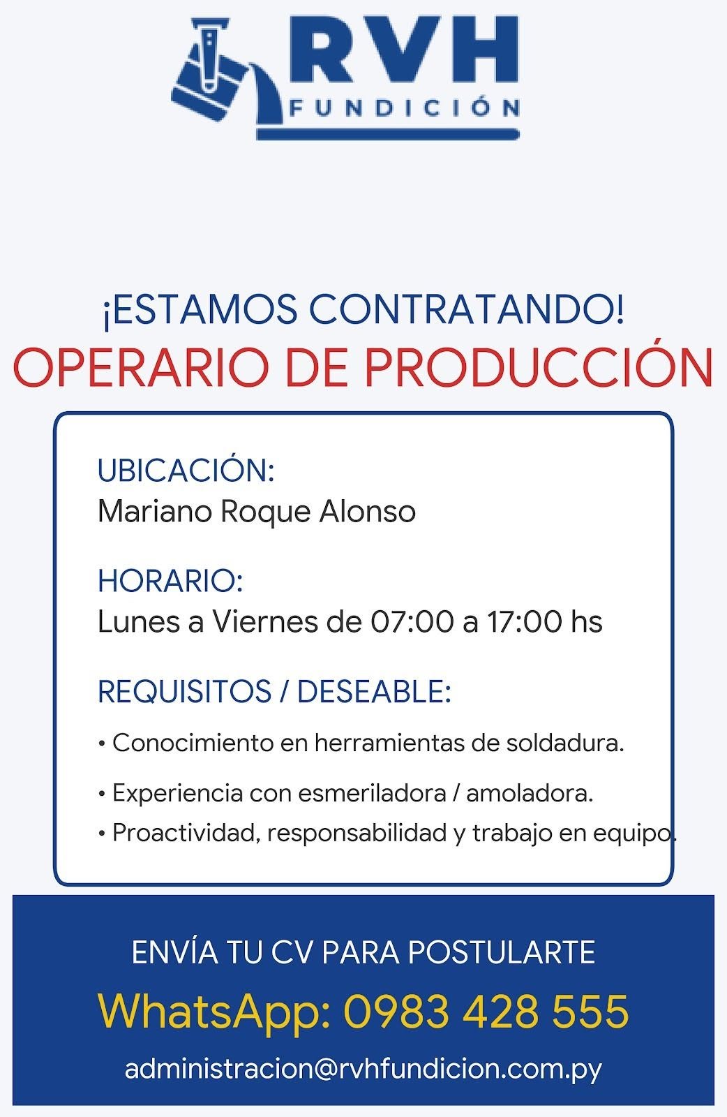 Oferta laboral: Operario De Producción — RVH Fundición