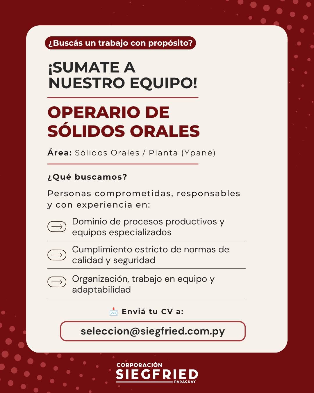 Oferta laboral: Operario De Sólidos Orales — Siegfried
