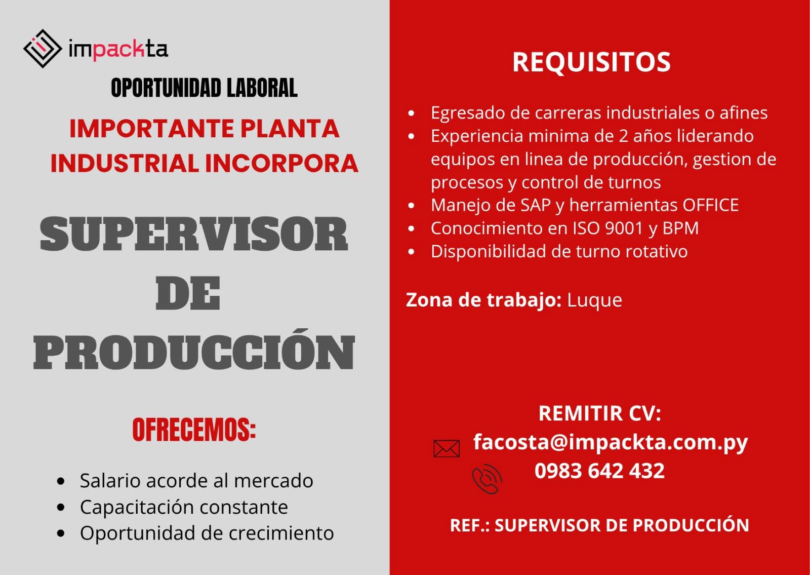 Oferta laboral: Supervisor De Producción — Impackta