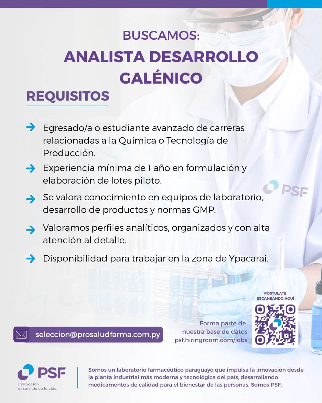 Oferta laboral: Analista Desarrollo Galénico — ProSalud Farma