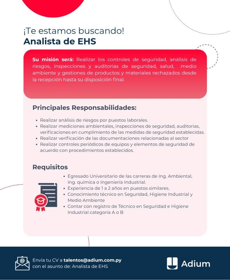 Oferta laboral: Analista De EHS — Adium