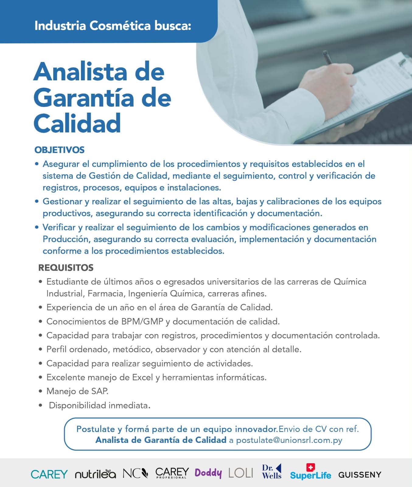 Oferta laboral: Analista De Garantía De Calidad — Union SRL