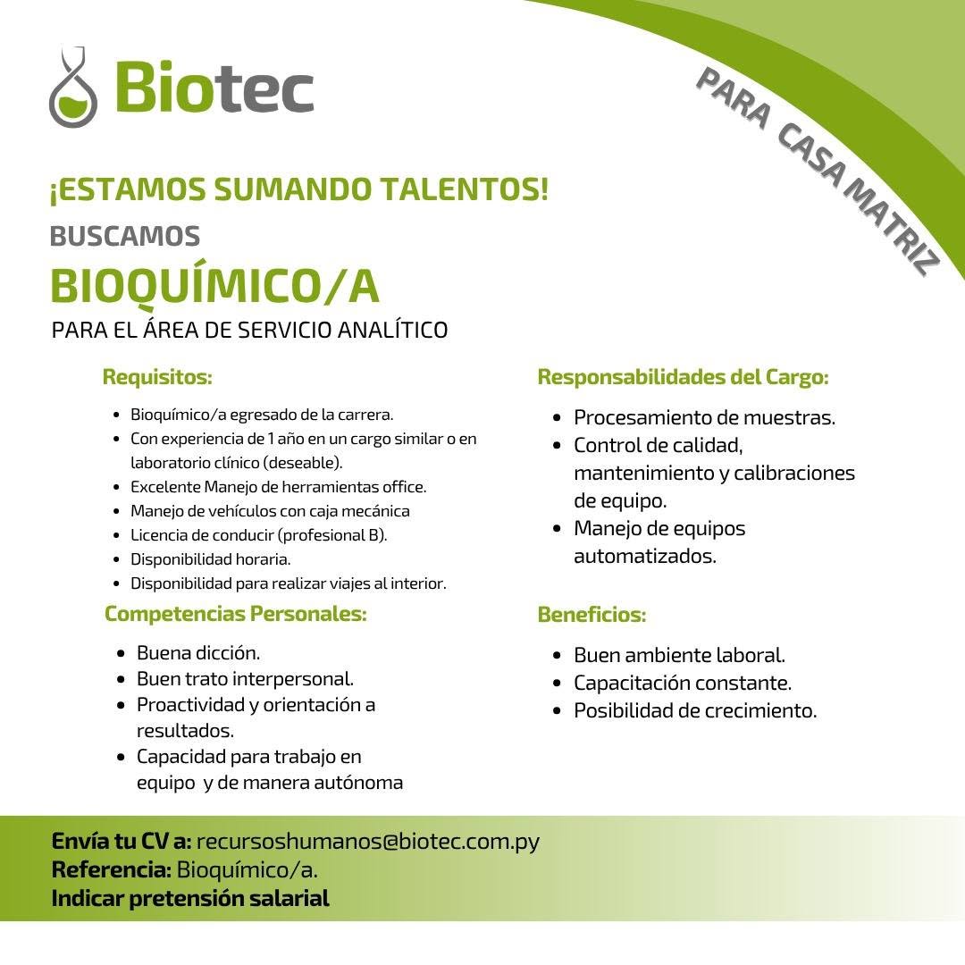 Oferta laboral: Bioquímico — Biotec