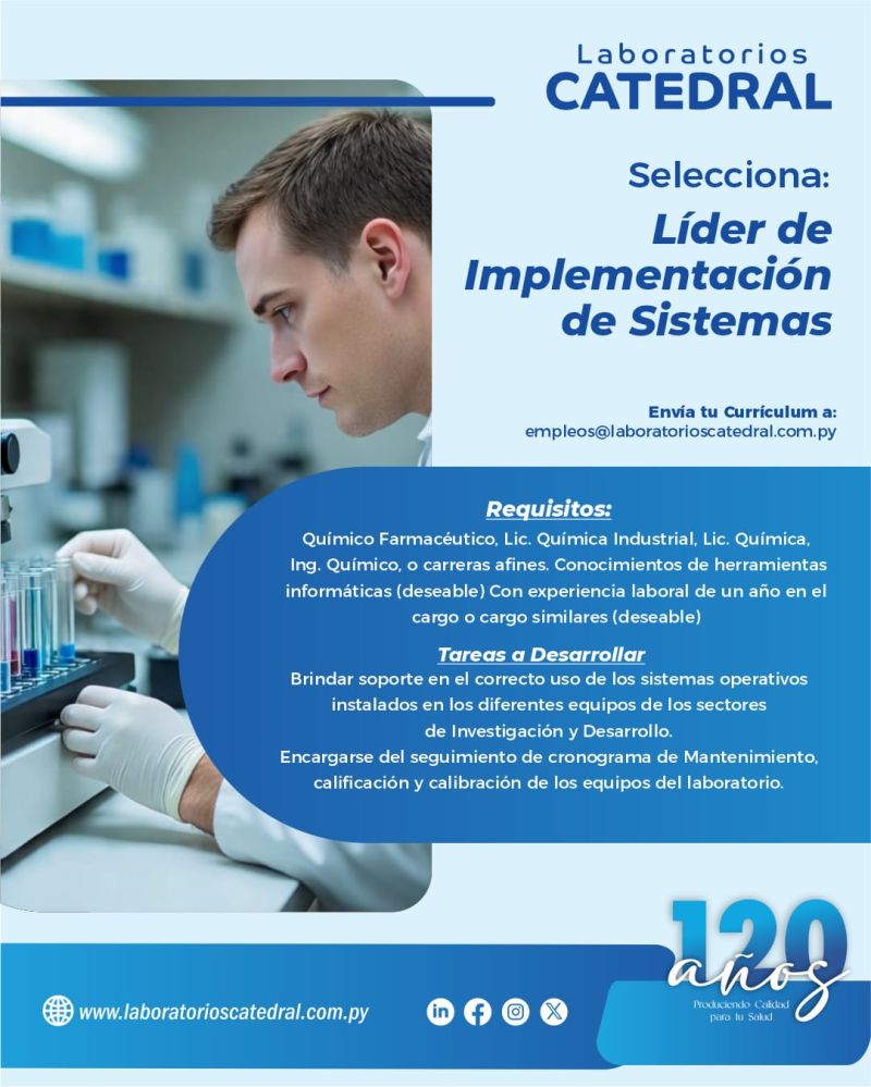 Oferta laboral: Lider De Implementación De Sistemas — Laboratorios Catedral