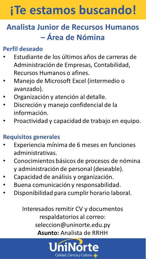 Oferta laboral: Analista De RRHH — Uninorte