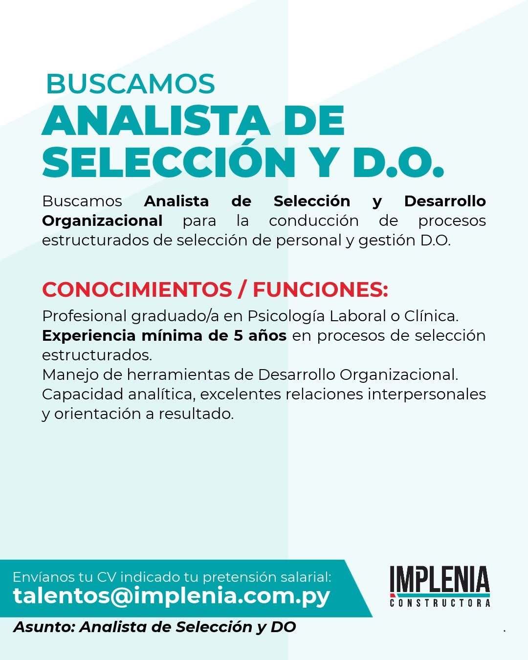 Oferta laboral: Analista De Selección Y DO — Implenia