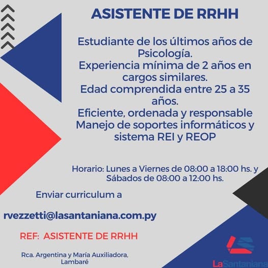 Oferta laboral: Asistente De RRHH — La Santaniana