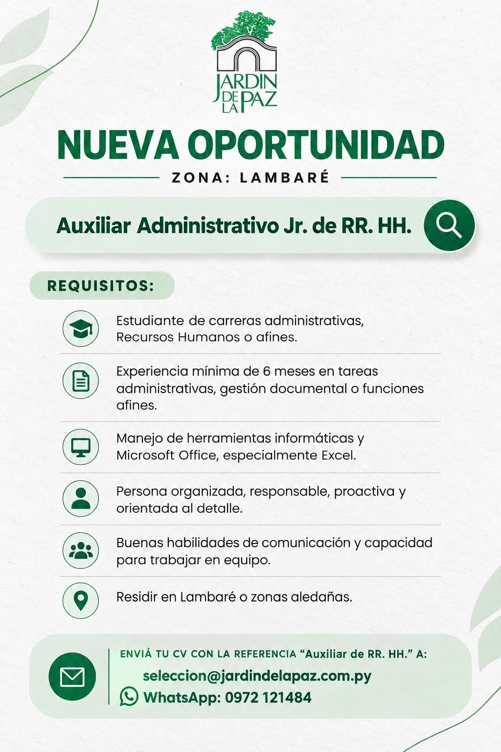 Oferta laboral: Auxiliar Administrativo Jr De RRHH — Jardin De La Paz