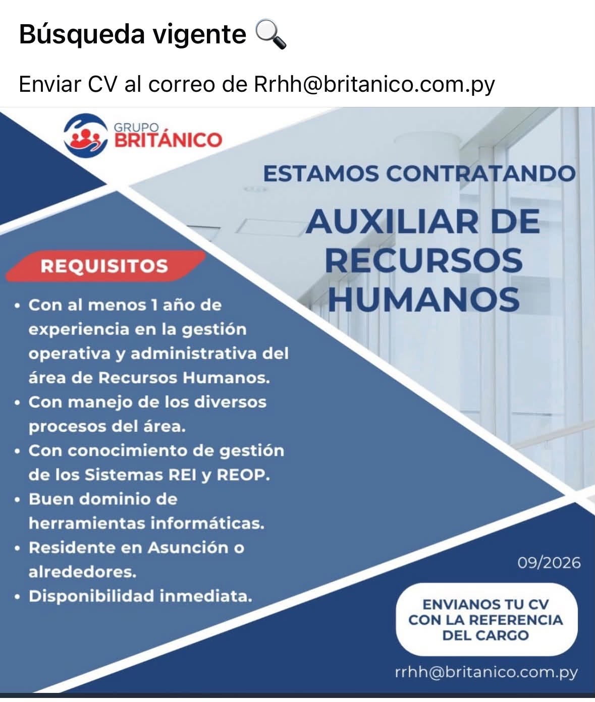 Oferta laboral: Auxiliar De Recursos Humanos — Britanico