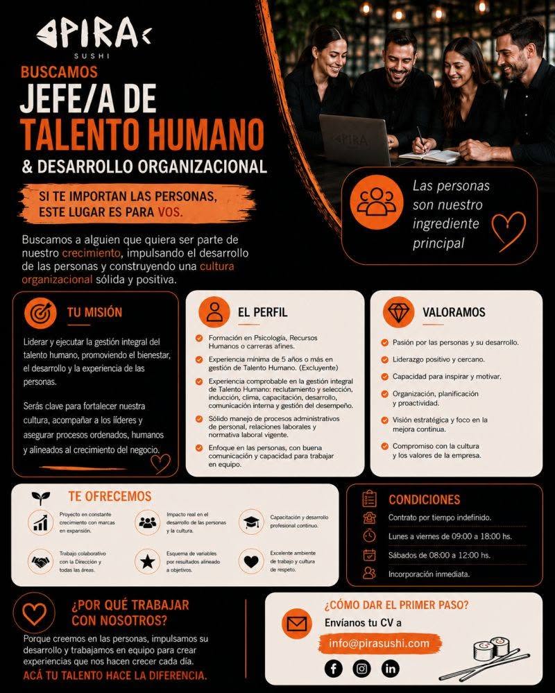 Oferta laboral: Jefe De Talento Humano — PiraSushi