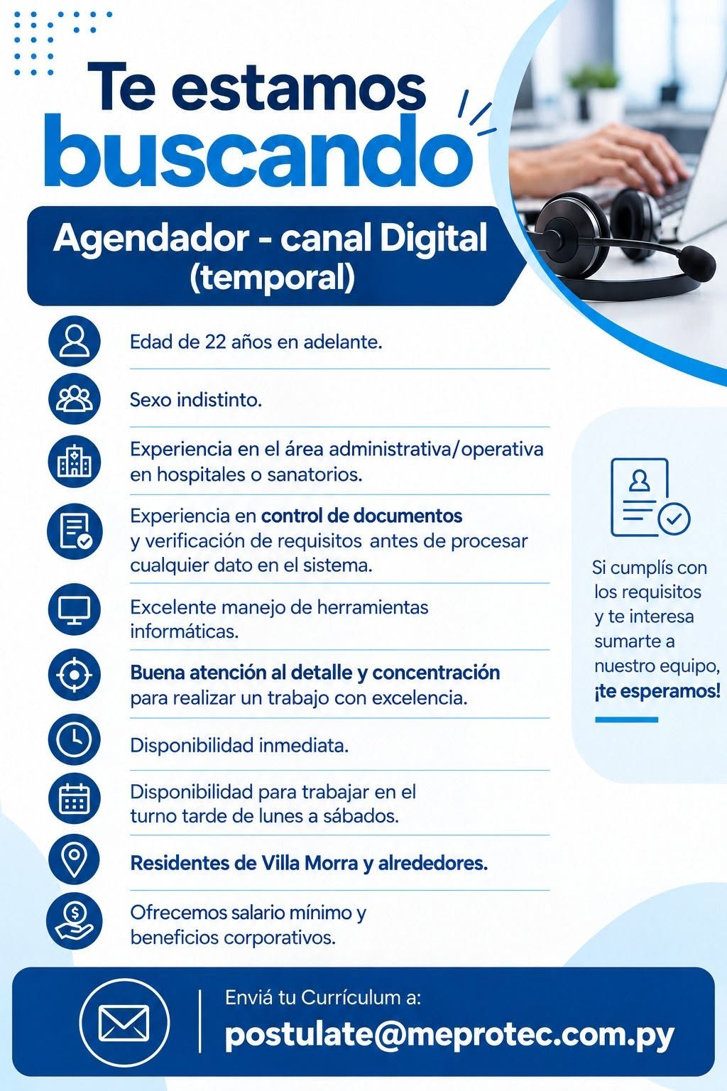 Oferta laboral: Agendador Canal Digital — Meprotec