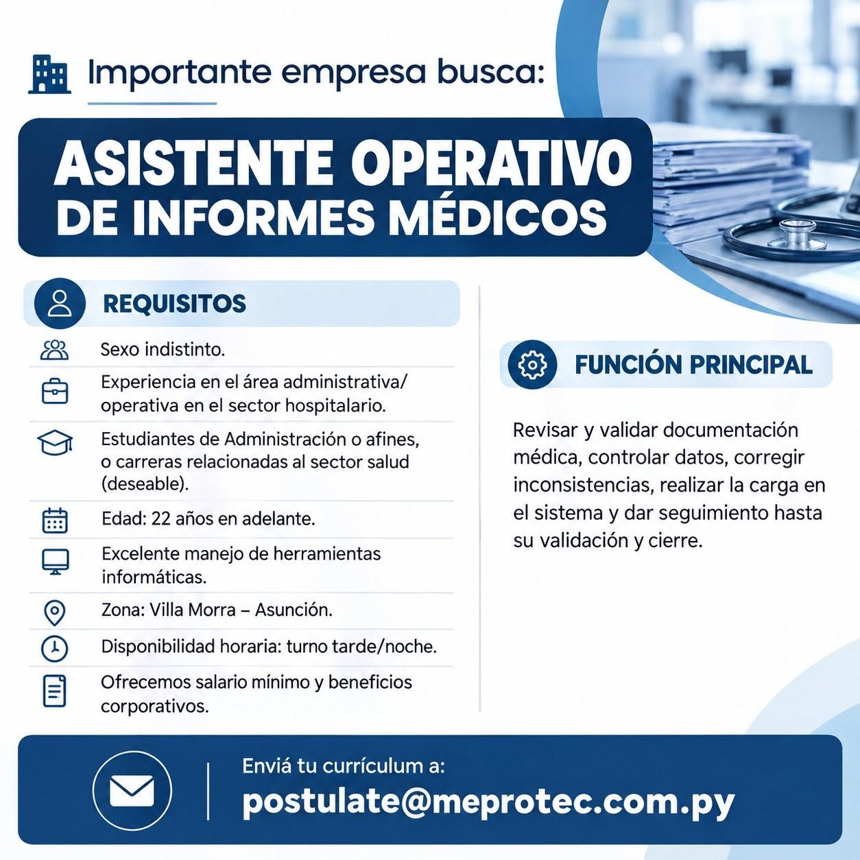 Oferta laboral: Asistente Operativo De Informes Médicos — Meprotec