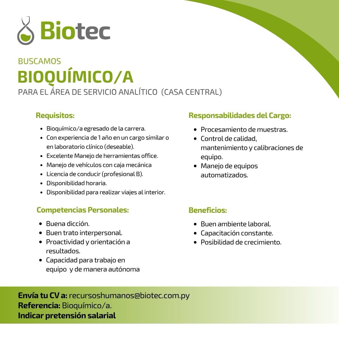 Oferta laboral: Bioquímico — Biotec