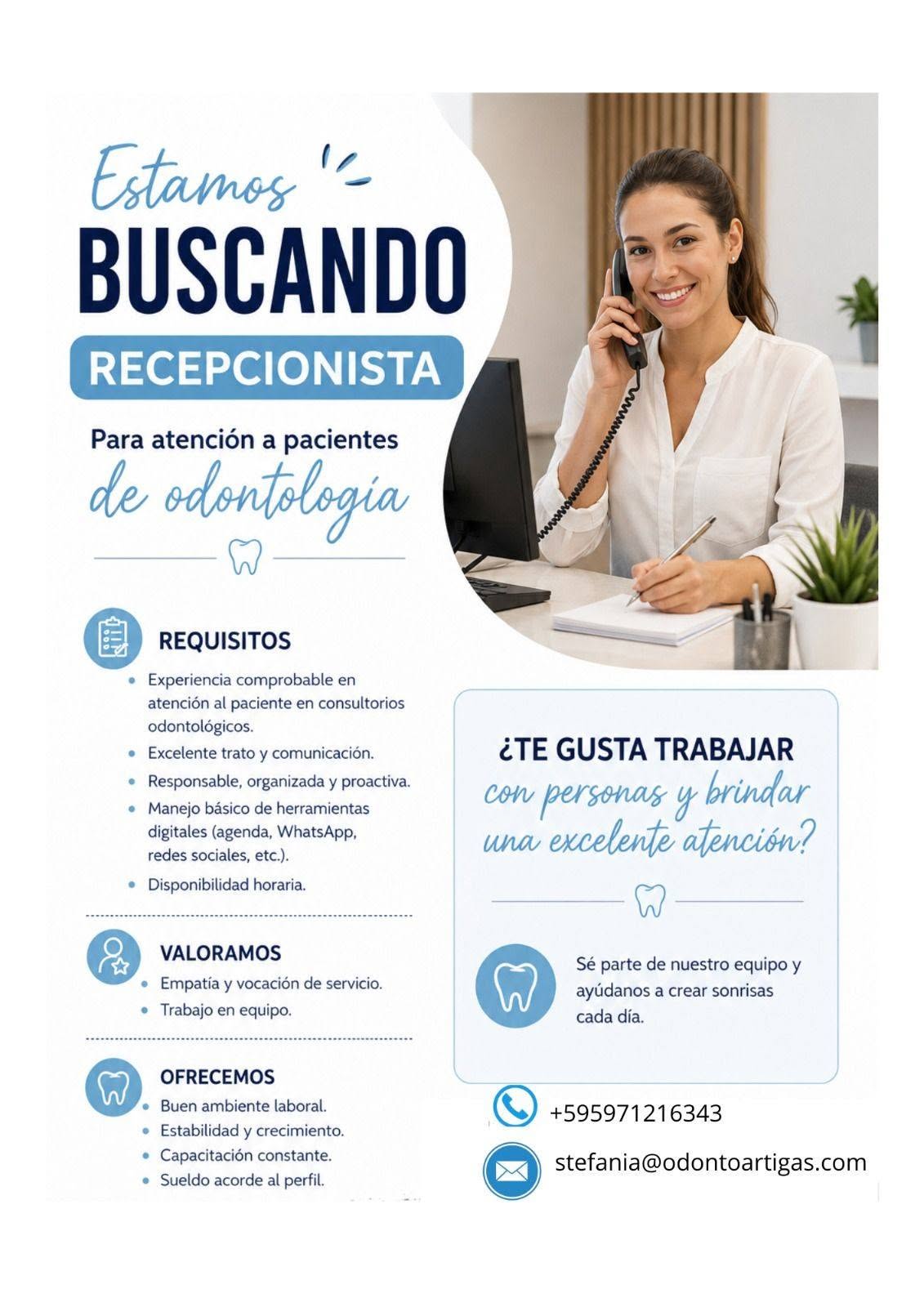 Oferta laboral: Recepcionista — Odonto Artigas