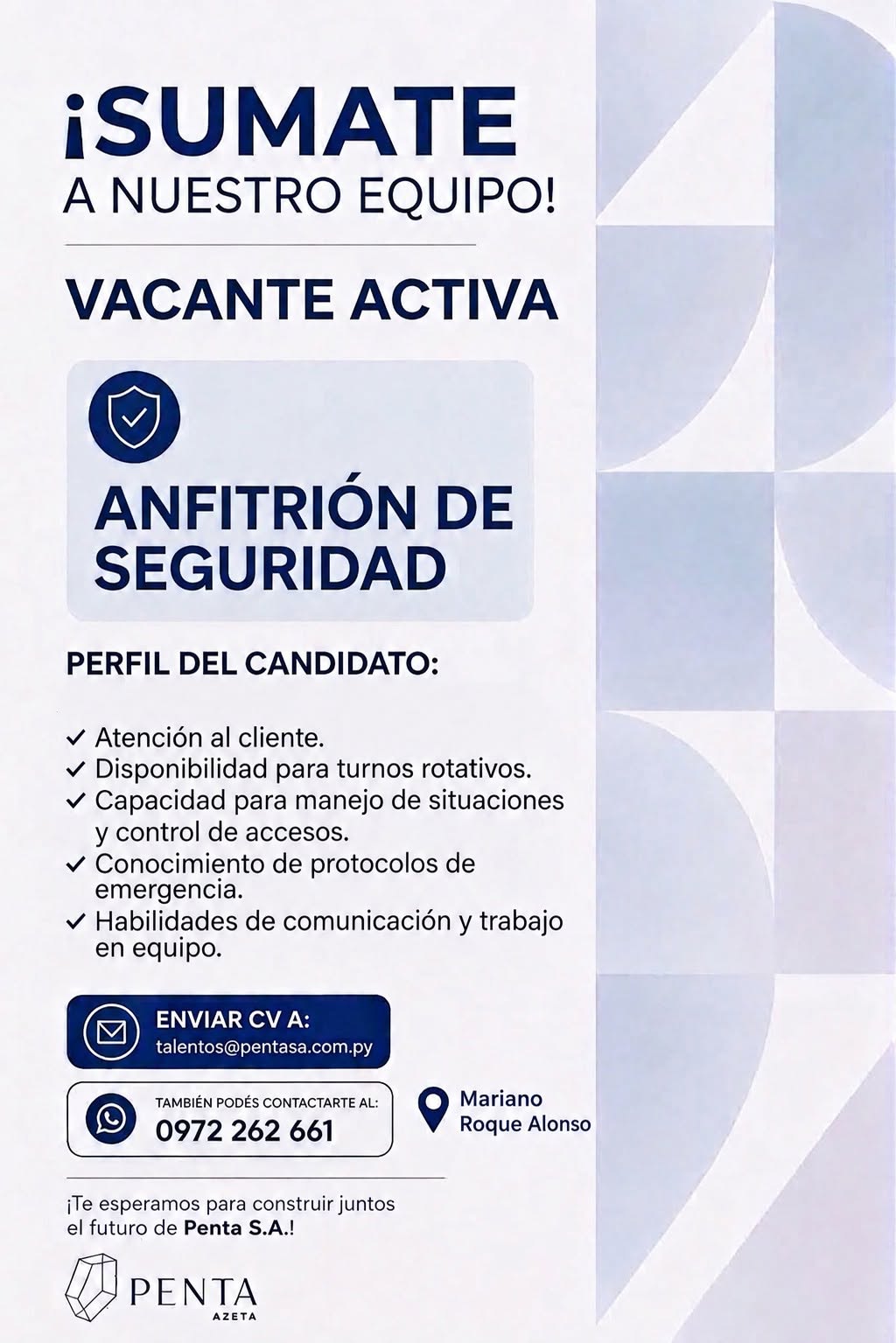 Oferta laboral: Anfitrión De Seguridad — Penta Azeta