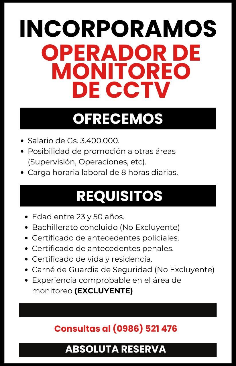 Oferta laboral: Operador De Monitoreo De CCTV