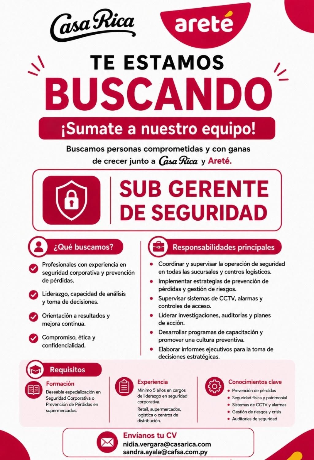 Oferta laboral: Sub Gerente De Seguridad — Casa Rica