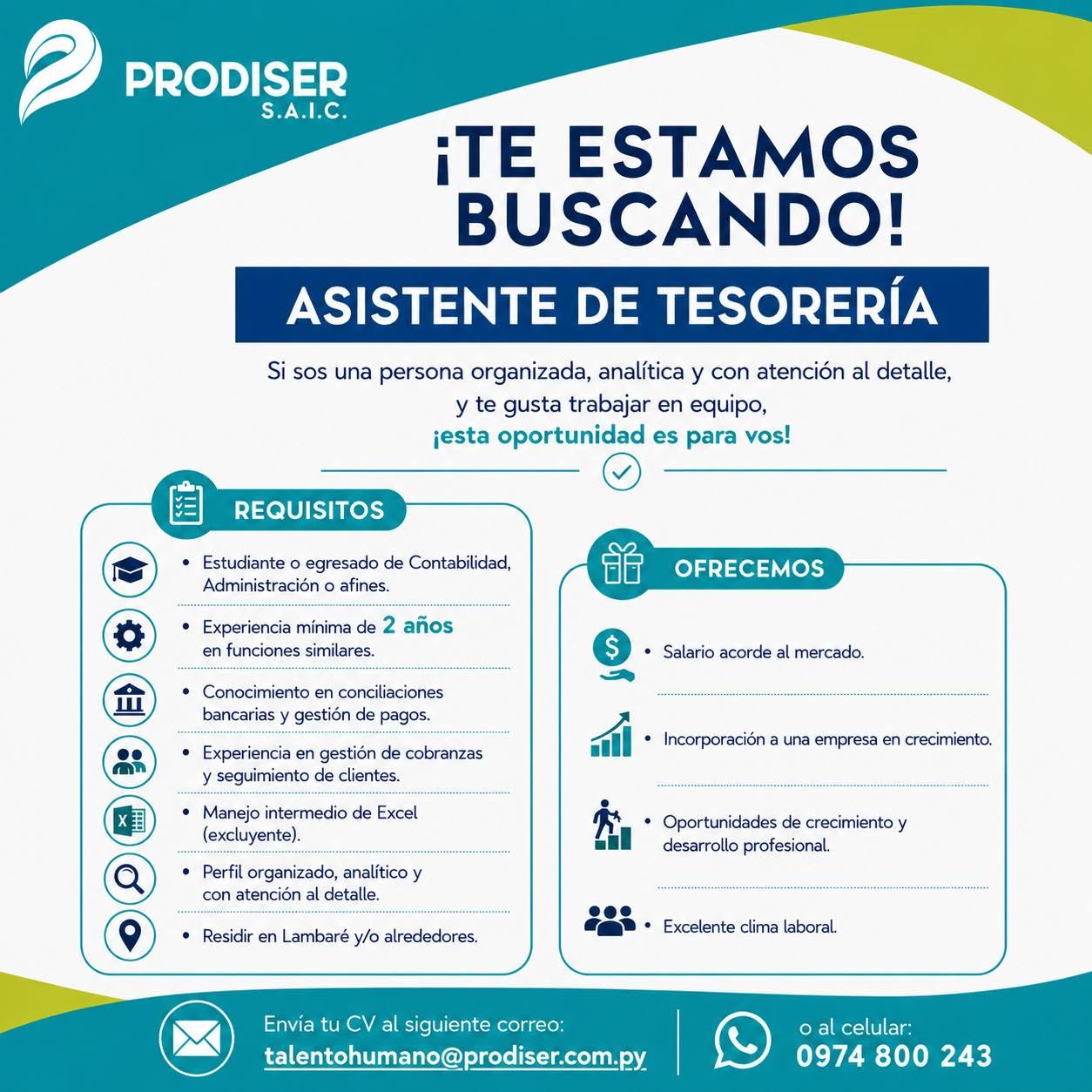 Oferta laboral: Asistente De Tesorería — Prodiser