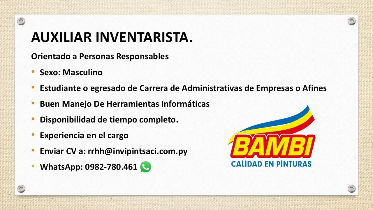 Oferta laboral: Auxiliar Inventarista — Bambi