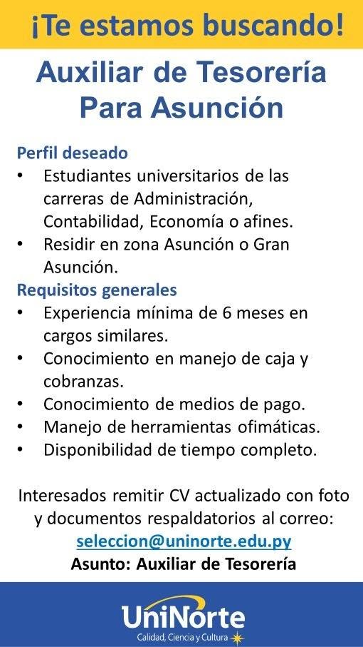 Oferta laboral: Auxiliar De Tesoreria — Uninorte
