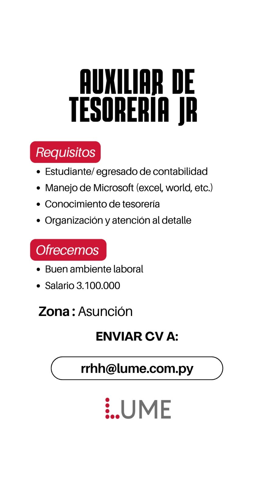 Oferta laboral: Auxiliar De Tesoreria Jr — Lume