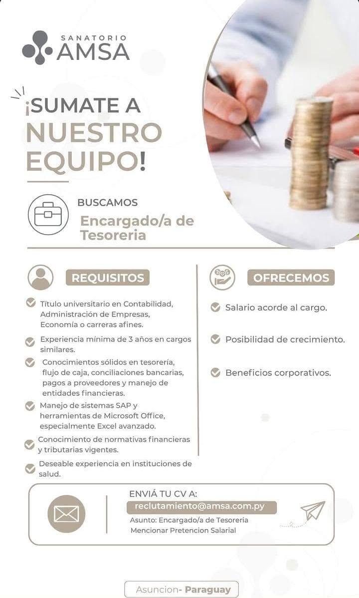 Oferta laboral: Encargado De Tesoreria