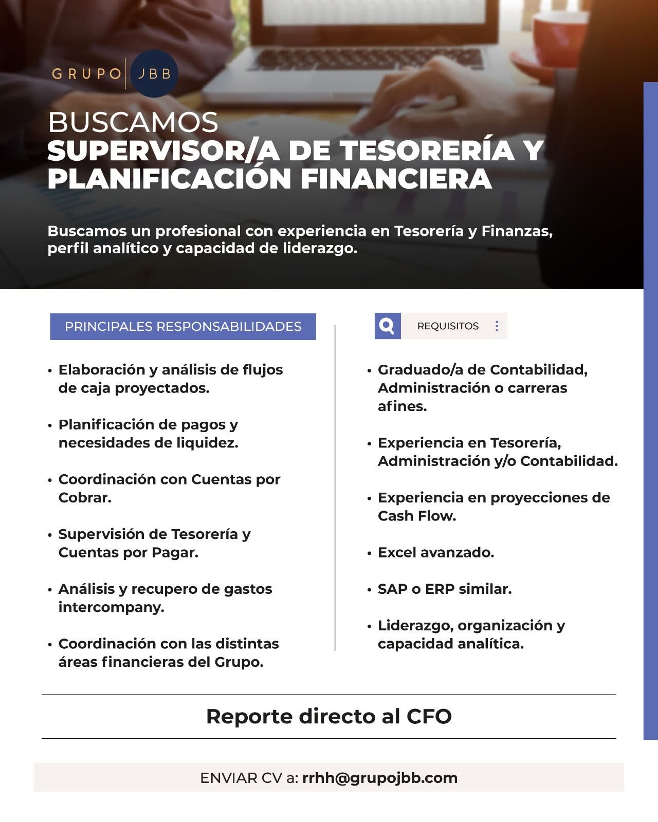Oferta laboral: Supervisor De Tesorería Y Planificación Financiera — Grupo JBB