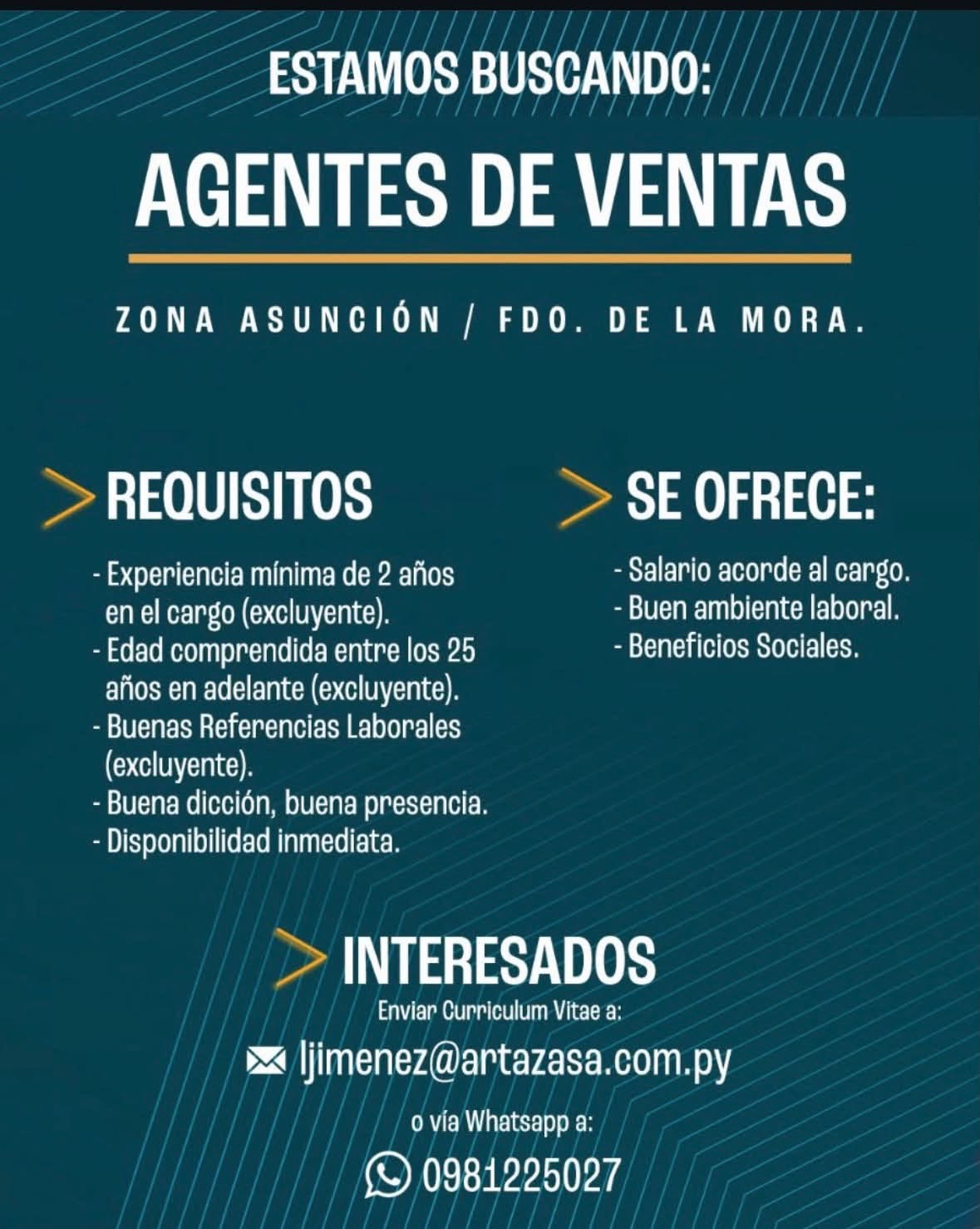 Oferta laboral: Agentes De Ventas — Artaza SA