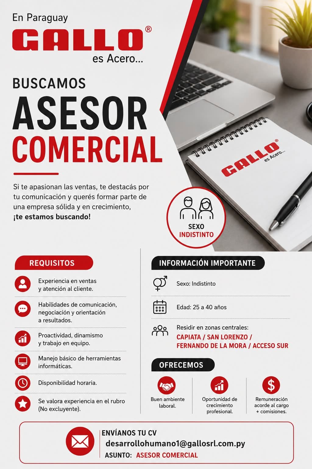Oferta laboral: Asesor Comercial — Gallo SRL