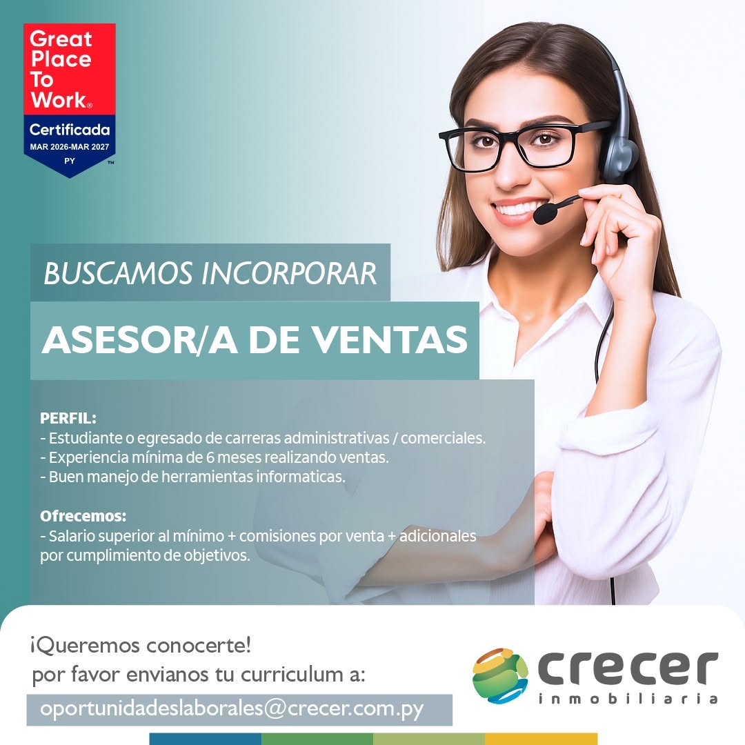 Oferta laboral: Asesor De Ventas — Crecer Inmobiliaria