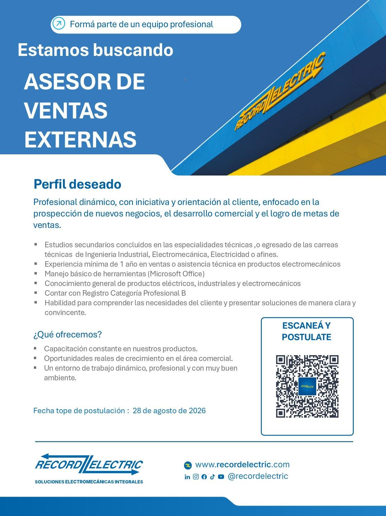 Oferta laboral: Asesor De Ventas Externas — Record Electric