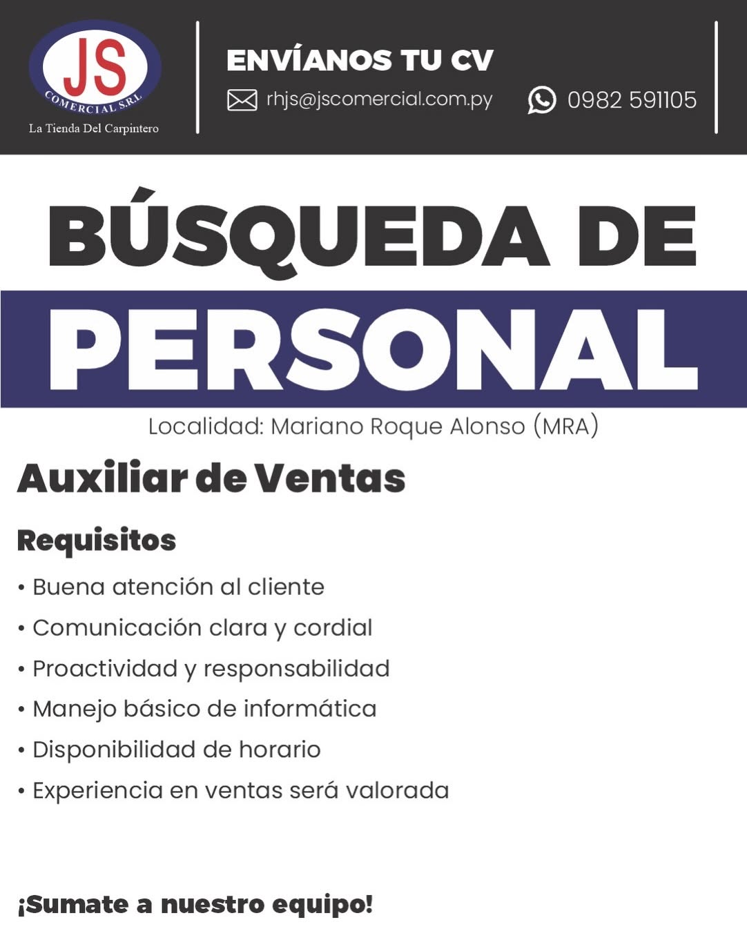 Oferta laboral: Auxiliar De Ventas — JS Comercial