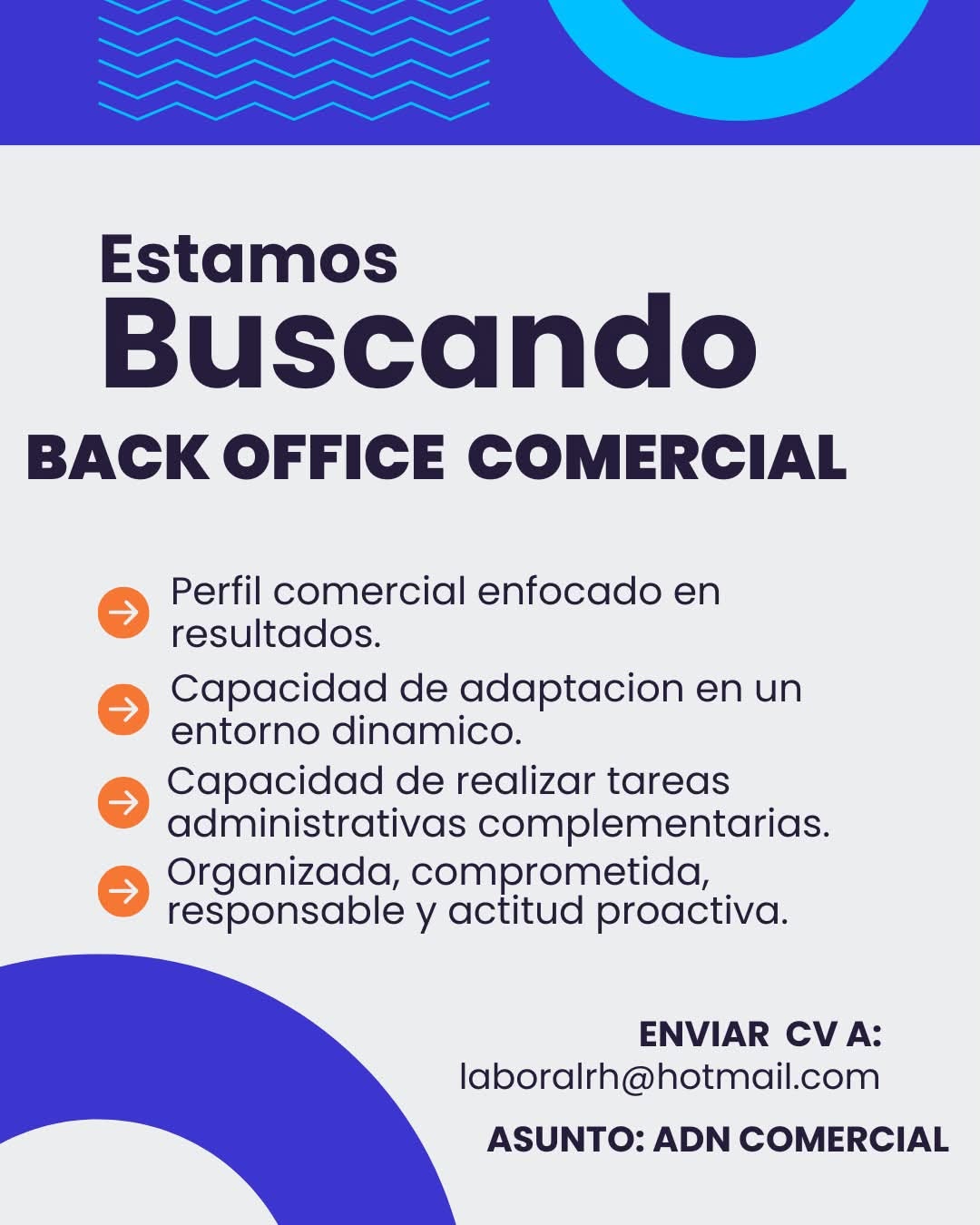 Oferta laboral: Back Office Comercial