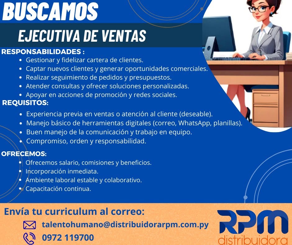 Oferta laboral: Ejecutiva De Ventas — RPM Distribuidora