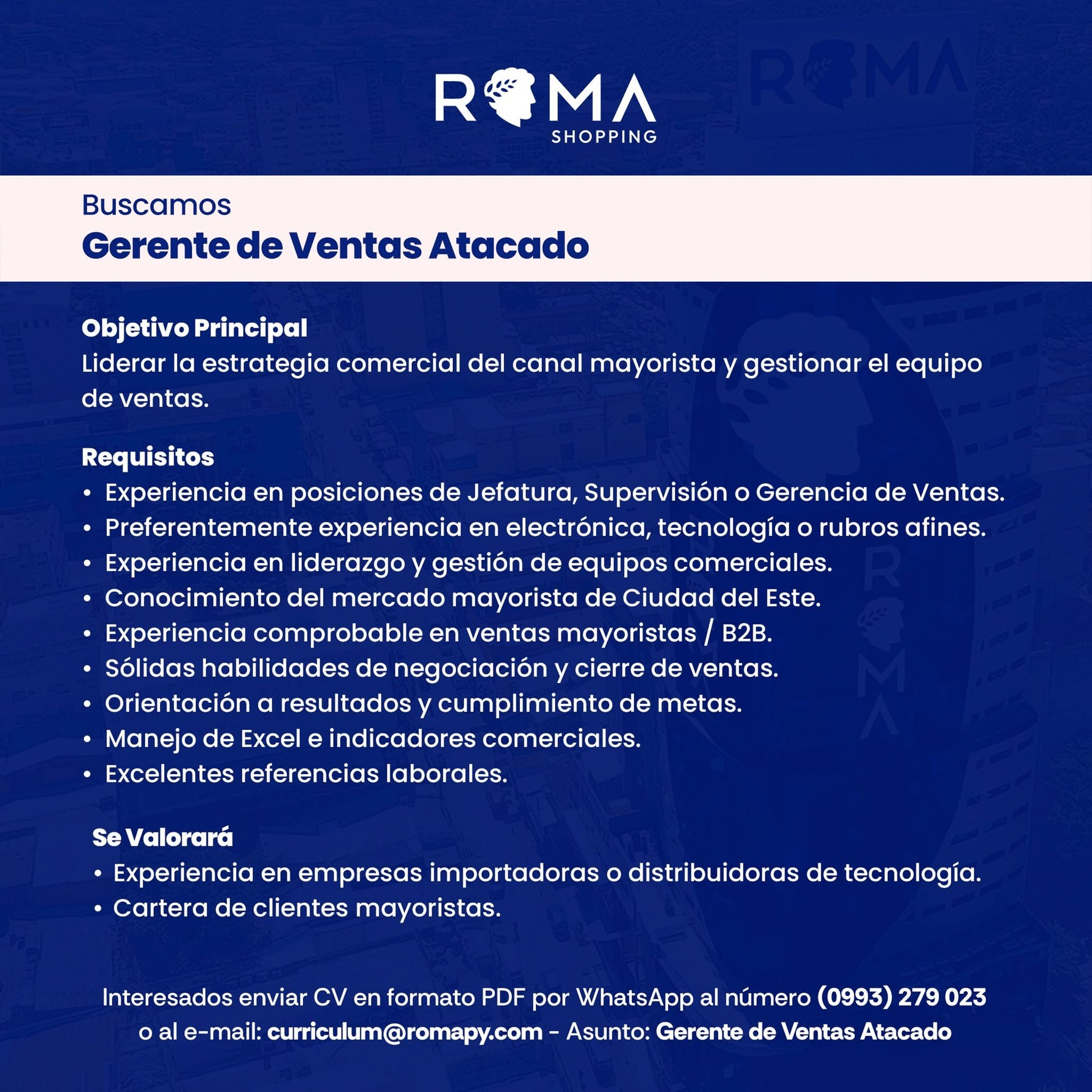 Oferta laboral: Gerente De Ventas Atacado — Roma PY