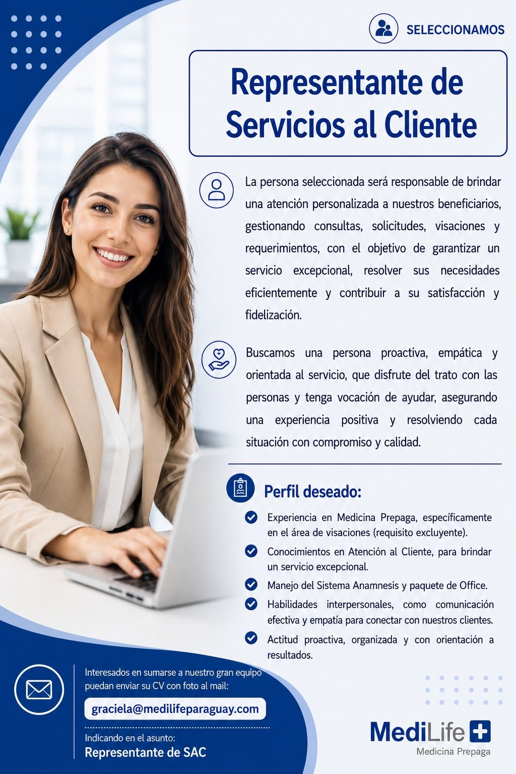 Oferta laboral: Representante De Servicios Al Cliente — Medilife